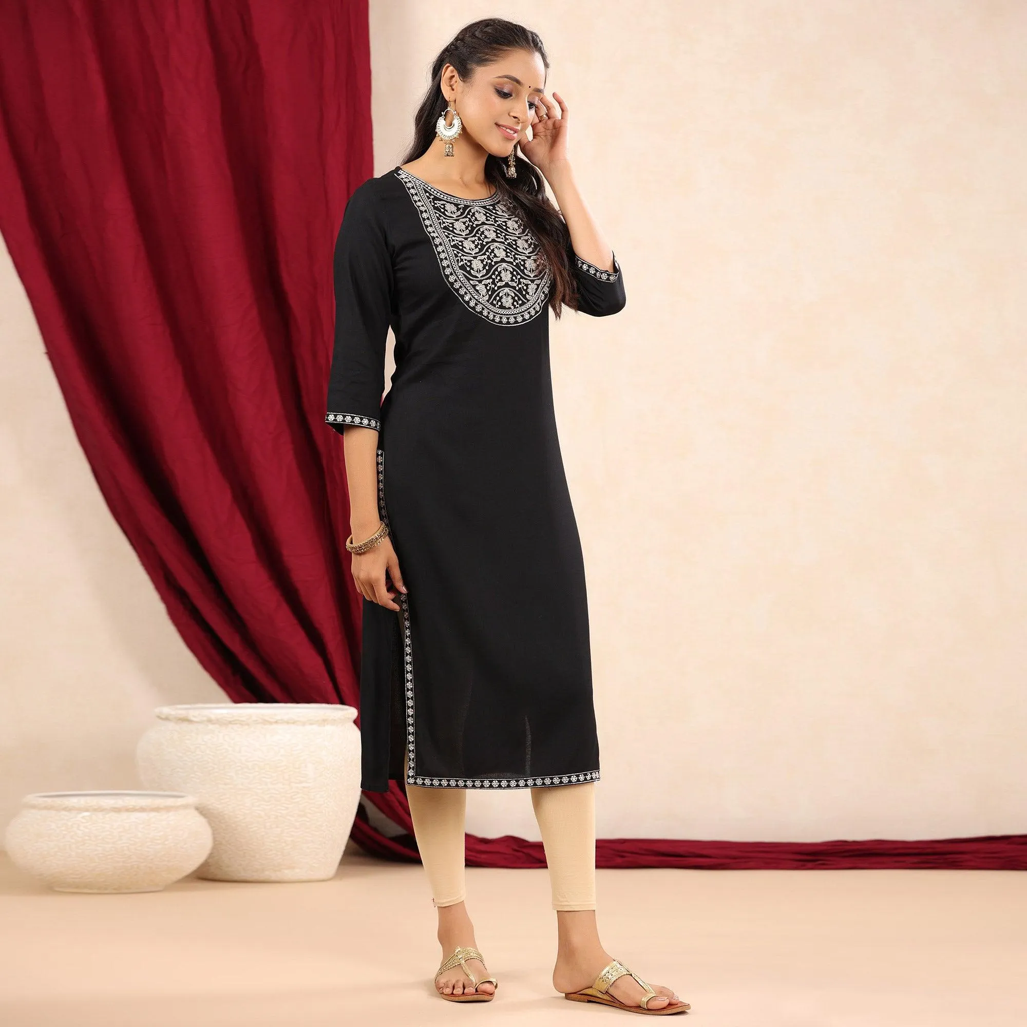 Black Floral Embroidered Pure Cotton Kurti