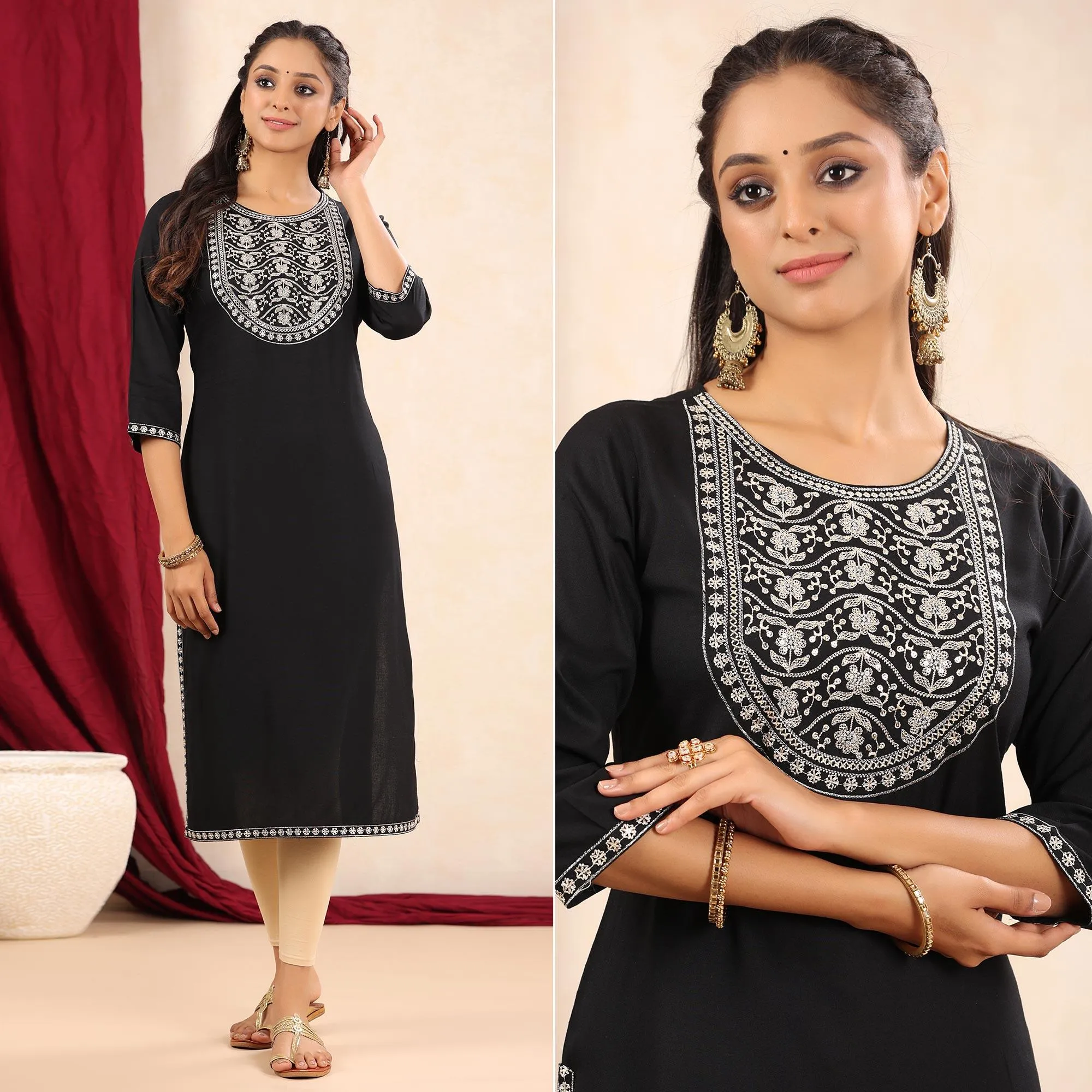 Black Floral Embroidered Pure Cotton Kurti