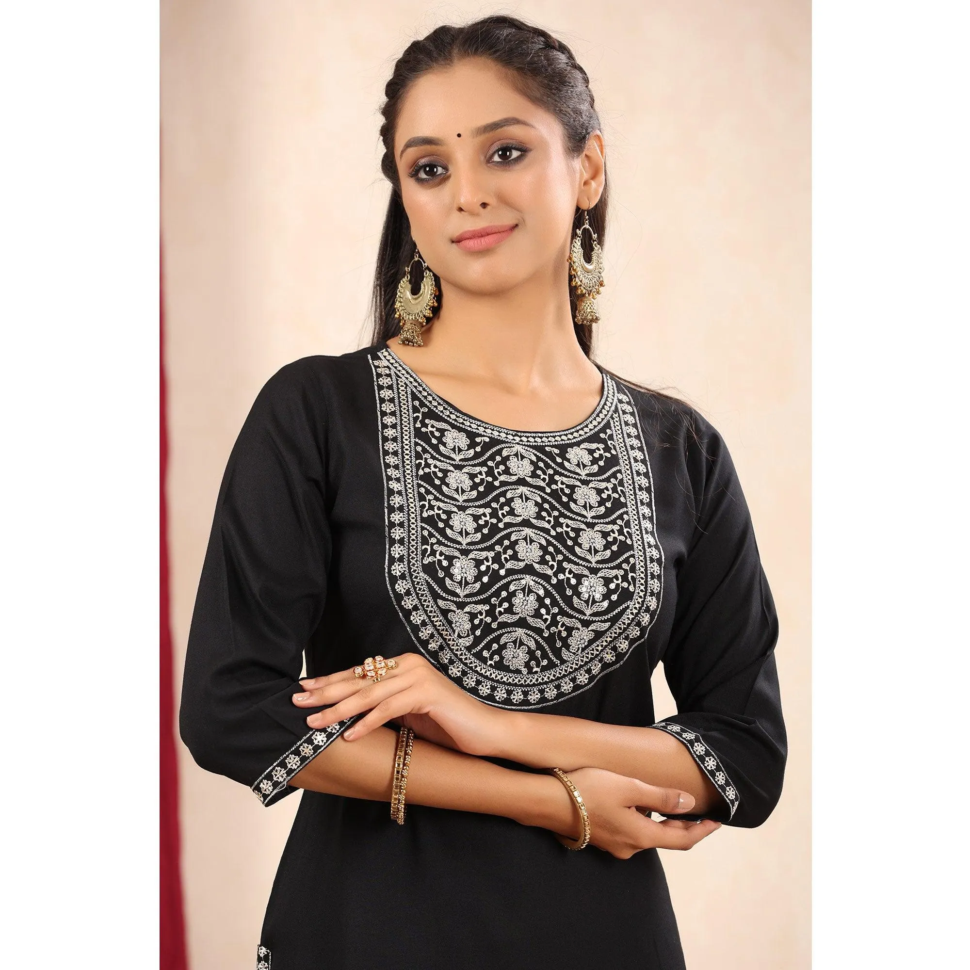 Black Floral Embroidered Pure Cotton Kurti