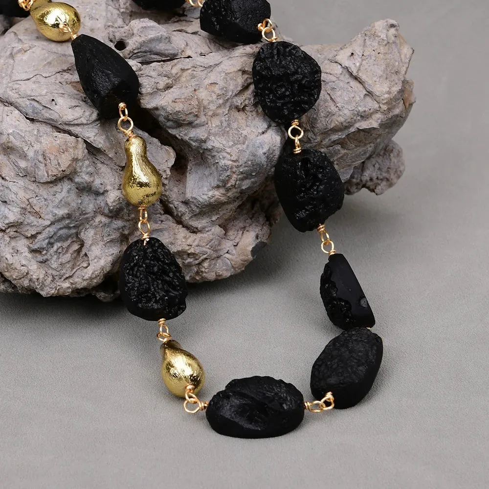 Black Meteorite Gold Bead Necklace