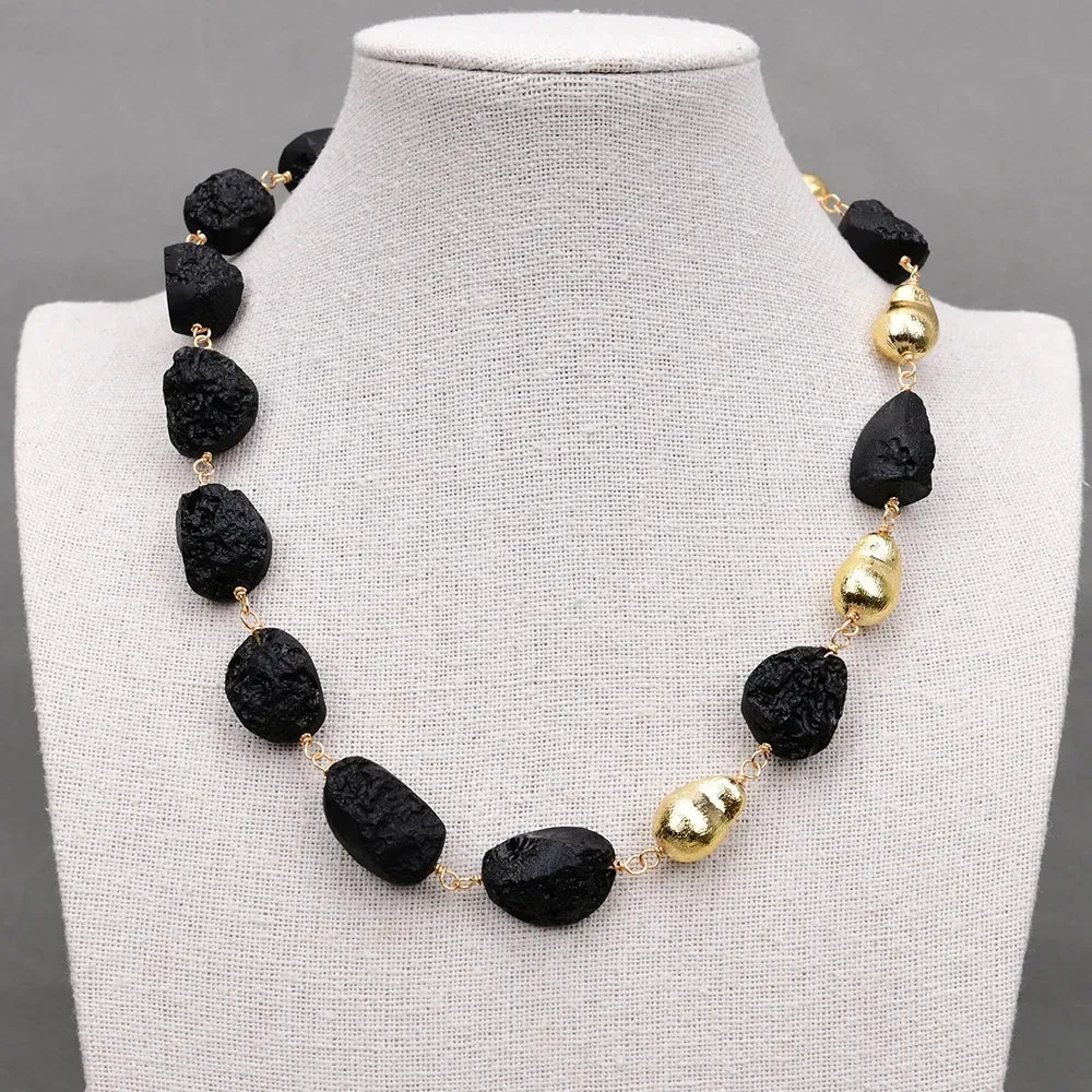 Black Meteorite Gold Bead Necklace