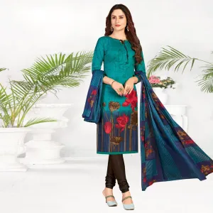 Blue Casual Wear Printed Cotton Dress Material