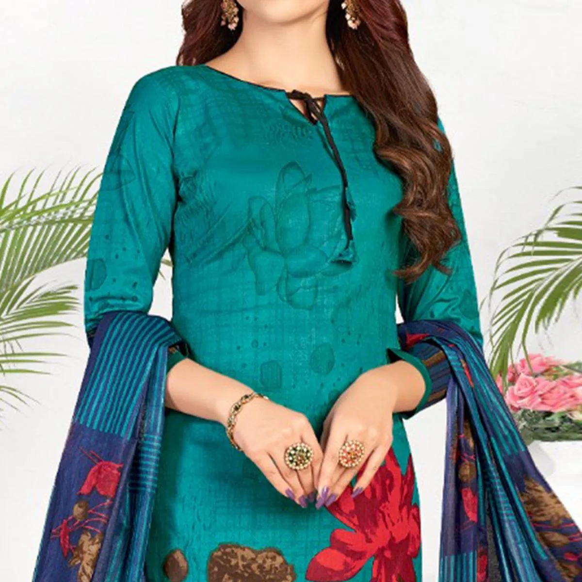 Blue Casual Wear Printed Cotton Dress Material