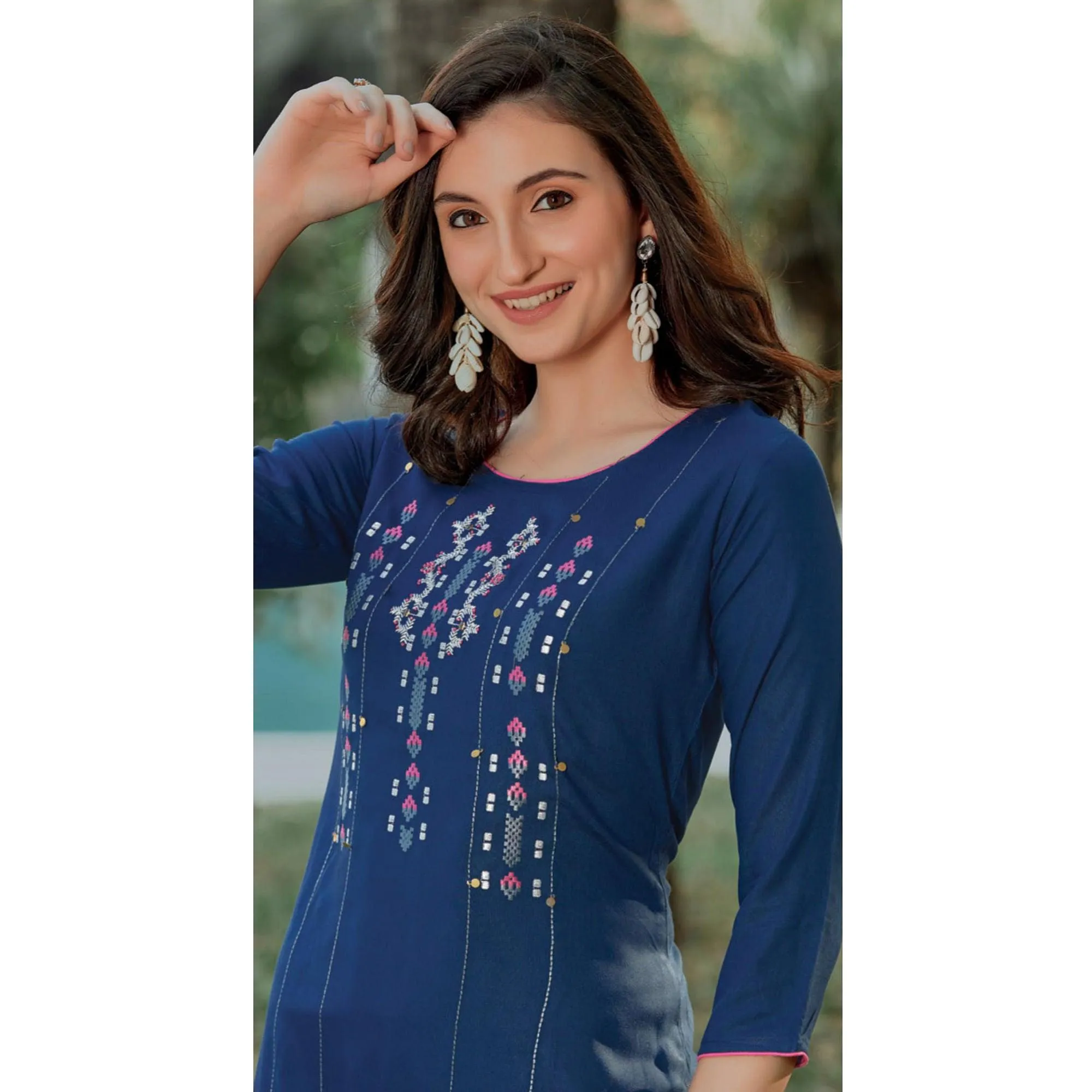 Blue Embroidered Pure Cotton Kurti