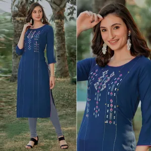 Blue Embroidered Pure Cotton Kurti