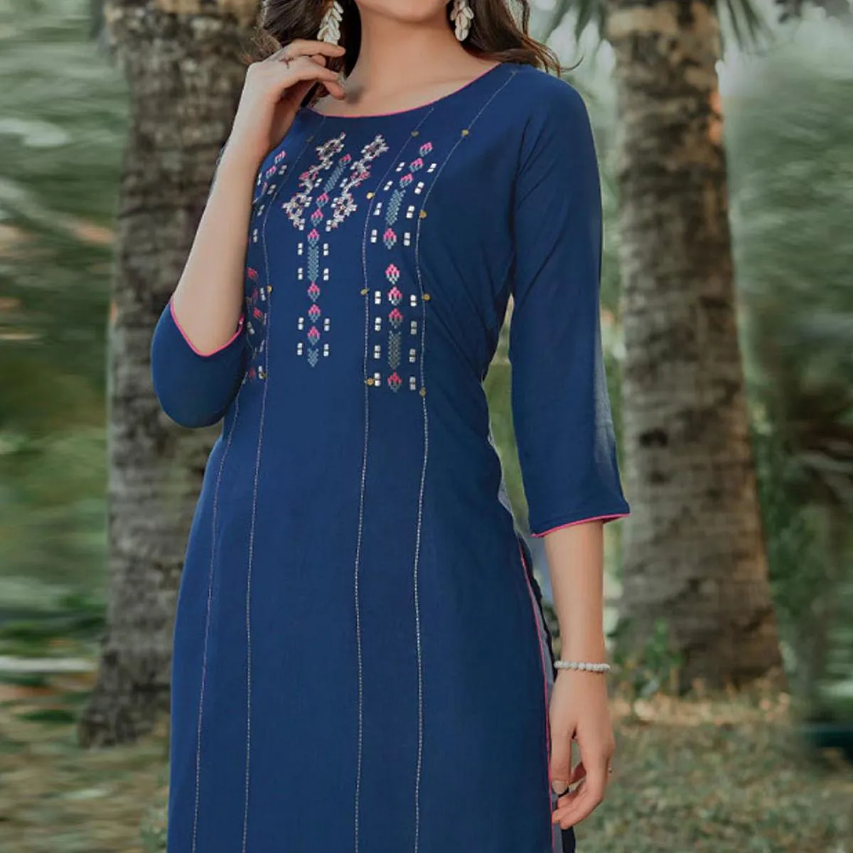 Blue Embroidered Pure Cotton Kurti