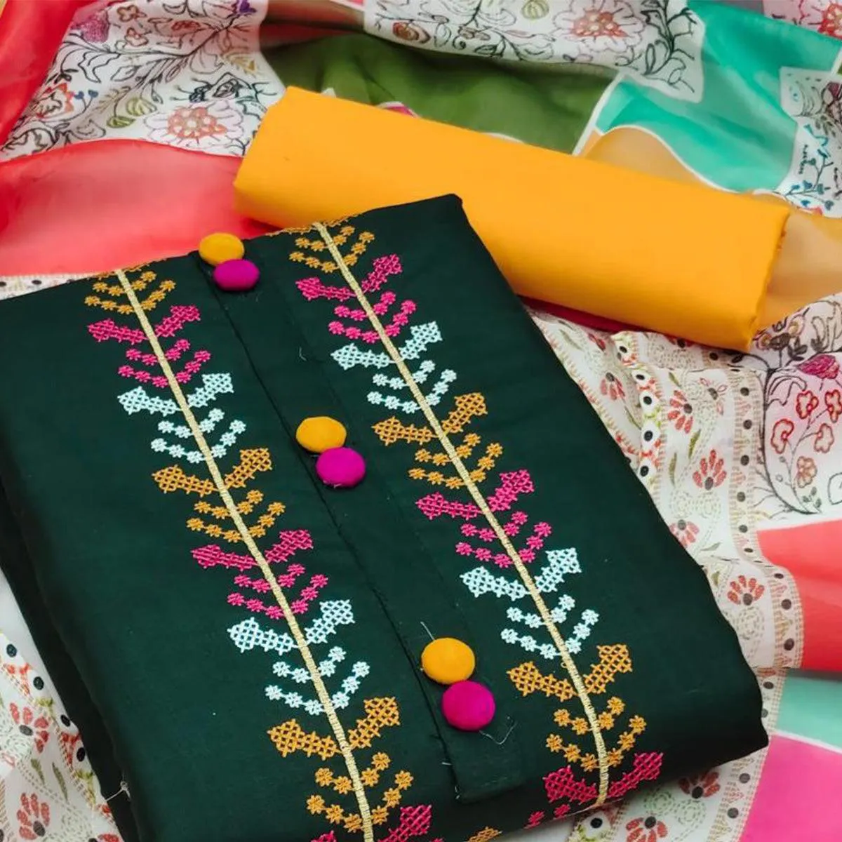 Bottle Green Casual Wear Embroidered Cotton Dress Material