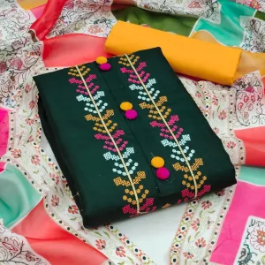 Bottle Green Casual Wear Embroidered Cotton Dress Material