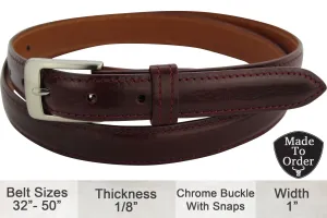 Burgundy Italian Calf Leather Designer 1" Wide Dress Full Grain Leather Belt **Made To Order Allow 5 To 6 Weeks To Ship