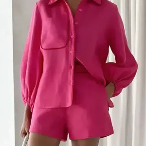 Casual Pocket Women Short Suits Turn-down Collar Lantern Sleeve Top High Waist Mini Pants Summer Fashion Set