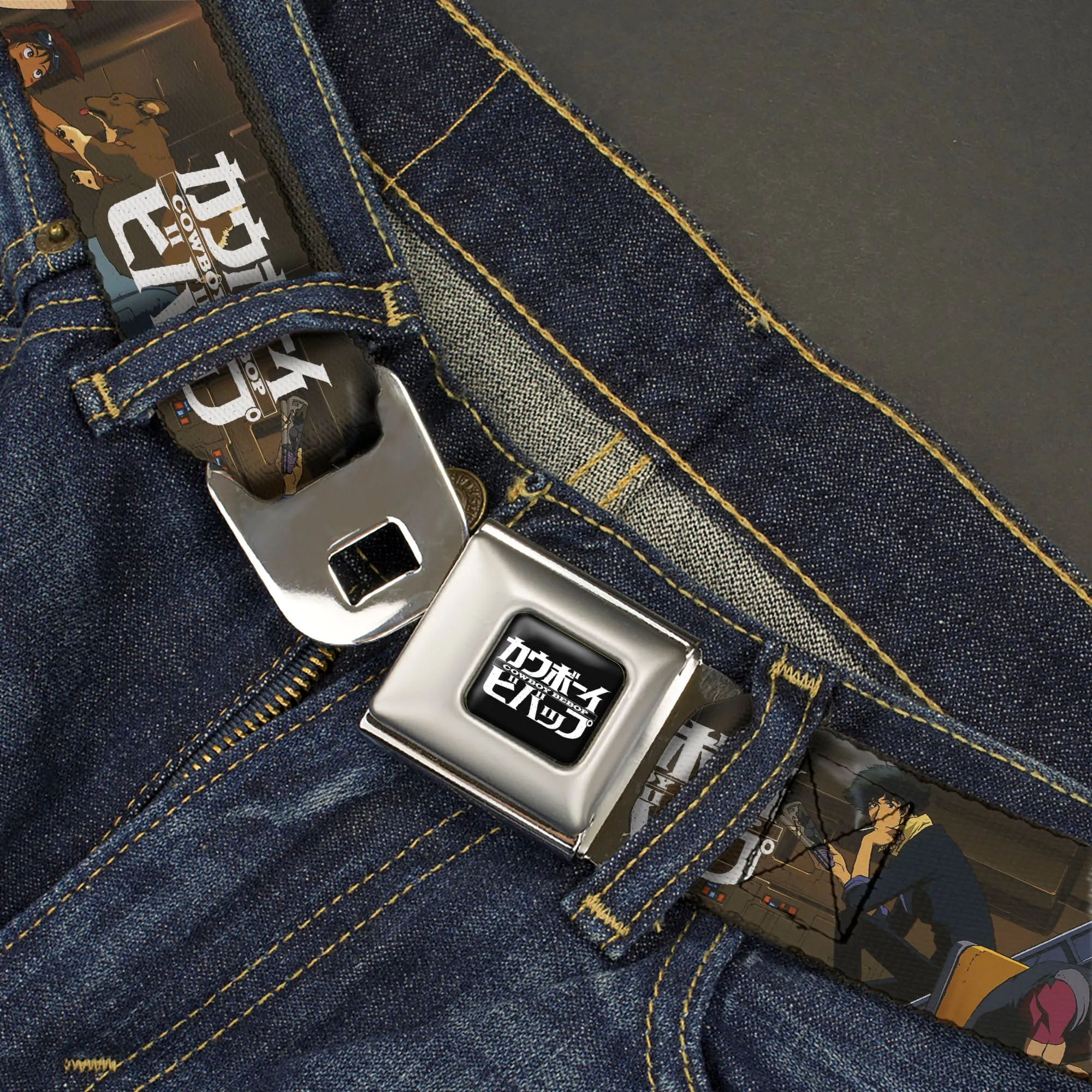 COWBOY BEBOP Title Logo Full Color Black/White Seatbelt Belt - COWBOY BEBOP Jet Black and Crew Bonsai Tree Scene and Title Logo Webbing