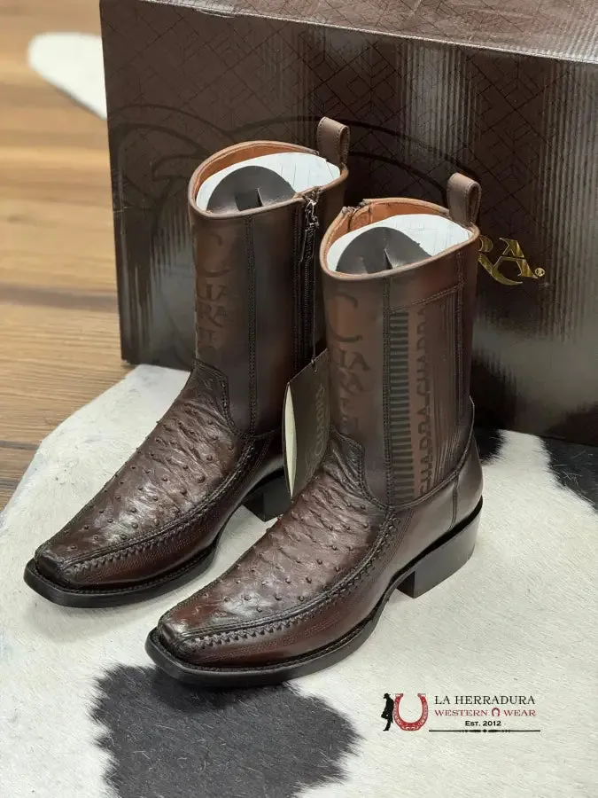CUADRA SHORT BOOT OSTRICH CHOCOLATE LASER & WOVEN NARROW SQAURE TOE- 1J2KA1