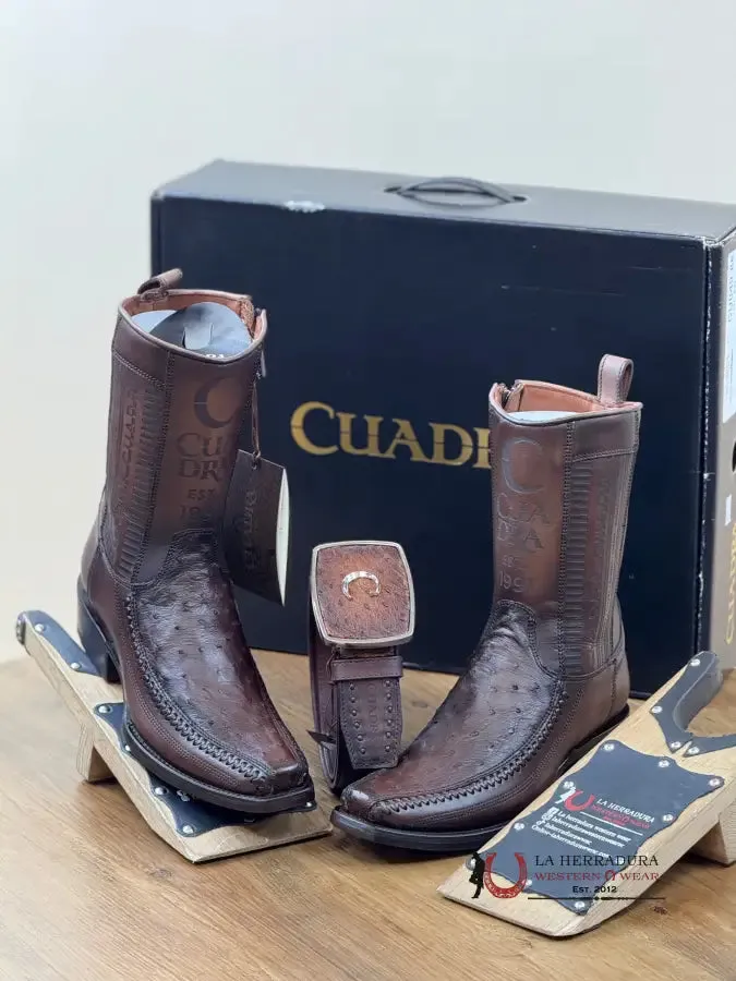 CUADRA SHORT BOOT OSTRICH CHOCOLATE LASER & WOVEN NARROW SQAURE TOE- 1J2KA1