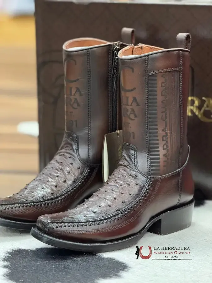 CUADRA SHORT BOOT OSTRICH CHOCOLATE LASER & WOVEN NARROW SQAURE TOE- 1J2KA1