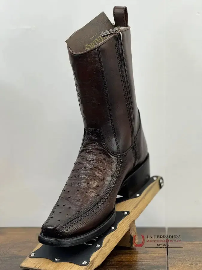 CUADRA SHORT BOOT OSTRICH CHOCOLATE LASER & WOVEN NARROW SQAURE TOE- 1J2KA1