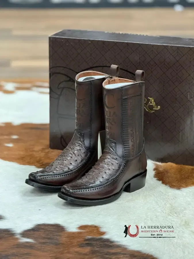 CUADRA SHORT BOOT OSTRICH CHOCOLATE LASER & WOVEN NARROW SQAURE TOE- 1J2KA1