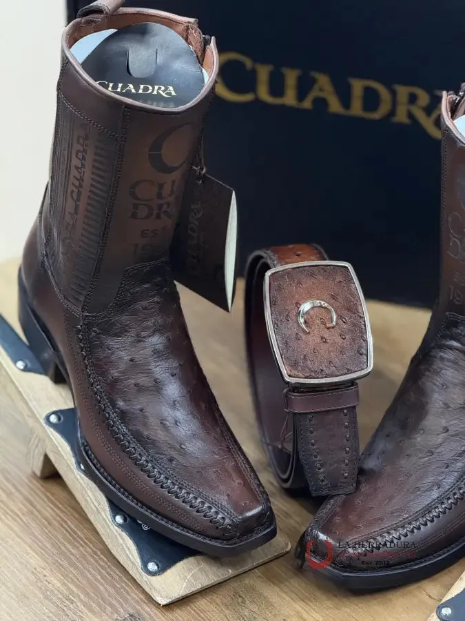 CUADRA SHORT BOOT OSTRICH CHOCOLATE LASER & WOVEN NARROW SQAURE TOE- 1J2KA1
