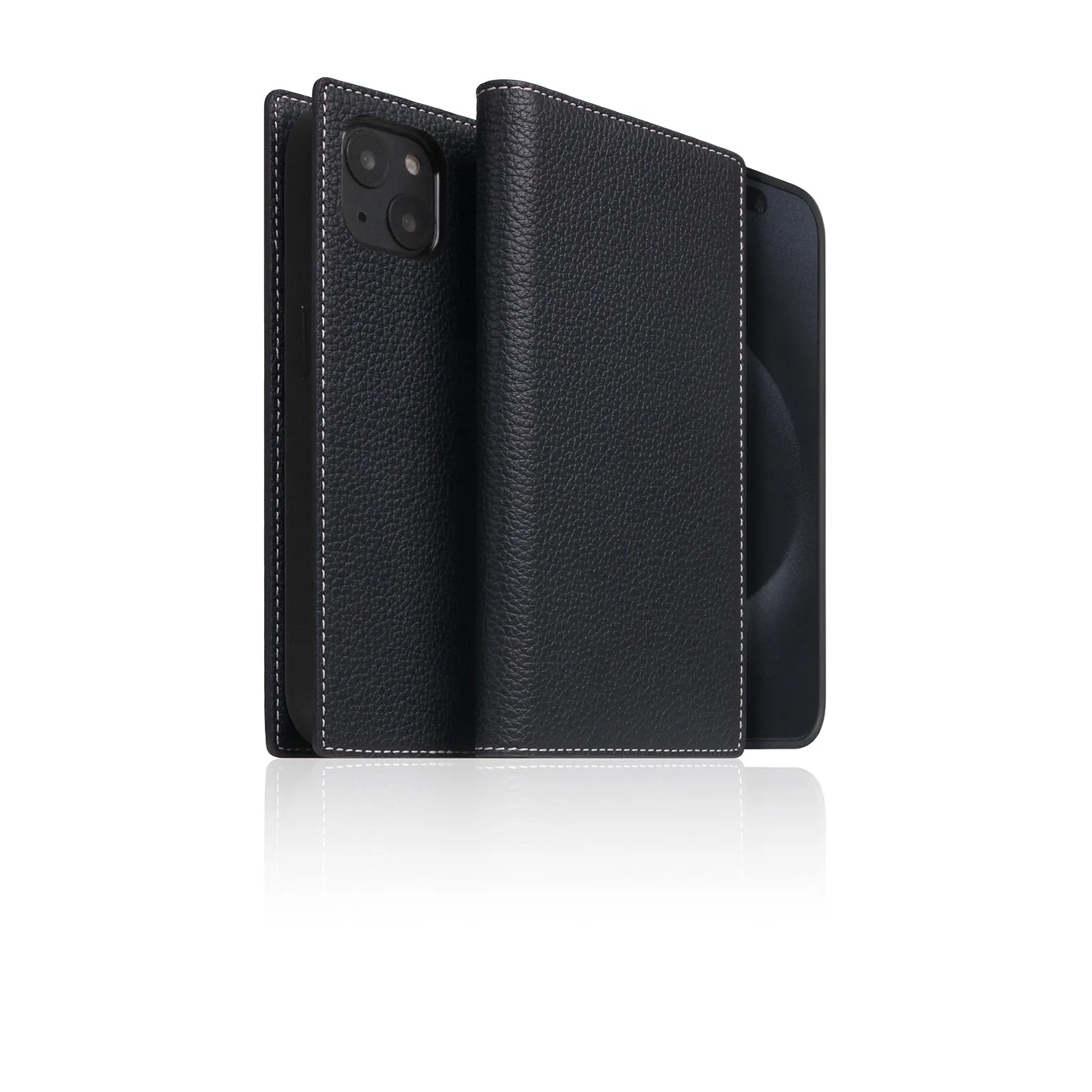 D8 [MagSafe Detachable] Full Grain Leather Diary Case for iPhone 15 (Black Blue)
