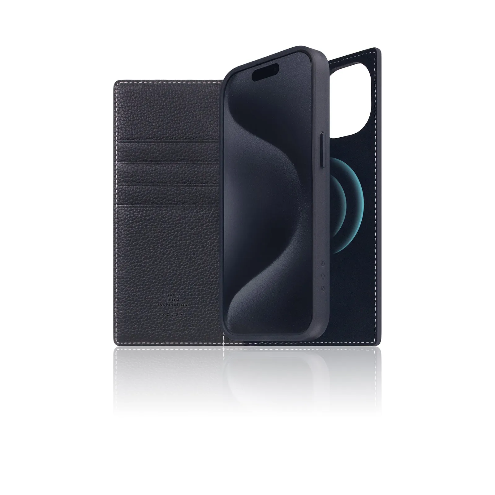 D8 [MagSafe Detachable] Full Grain Leather Diary Case for iPhone 15 (Black Blue)
