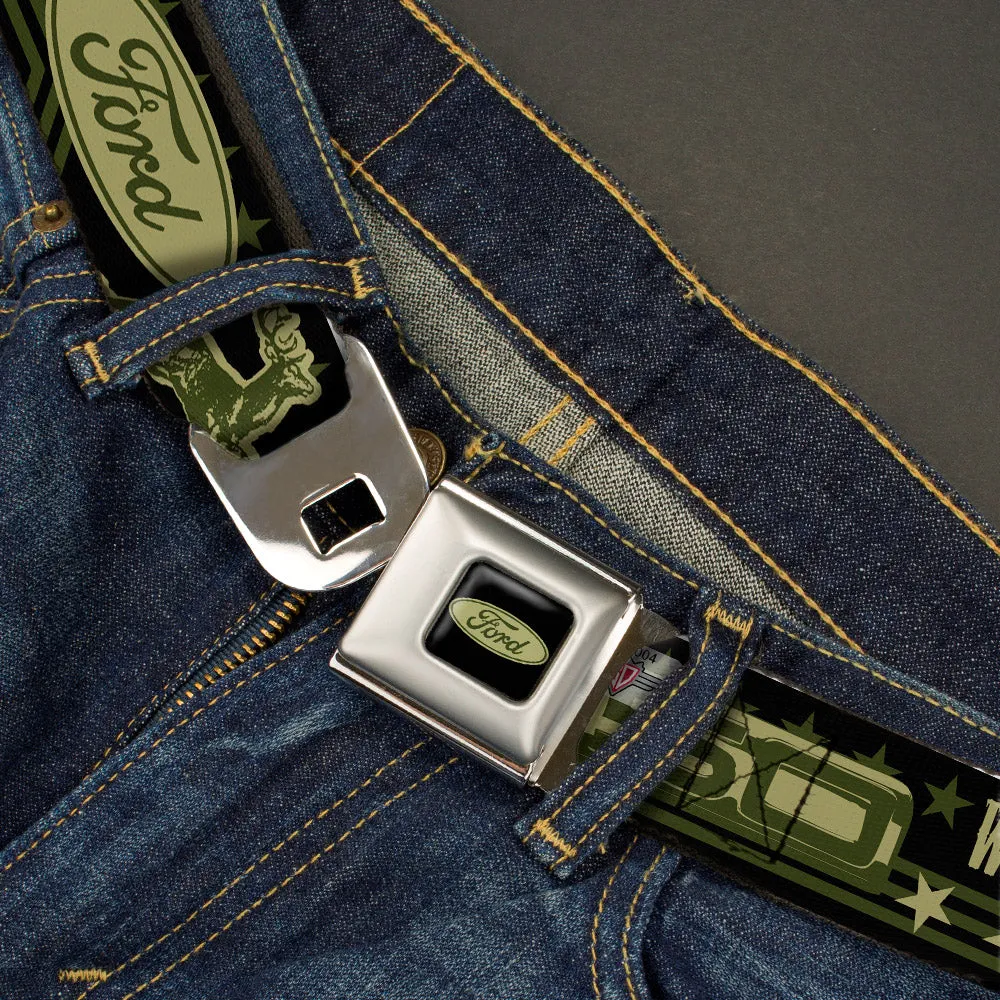 FORD Oval Full Color Black Tan Olive Seatbelt Belt - FORD F-150 WORKS HARD, PLAYS HARDER./Stars Black/Tan/Olive Webbing