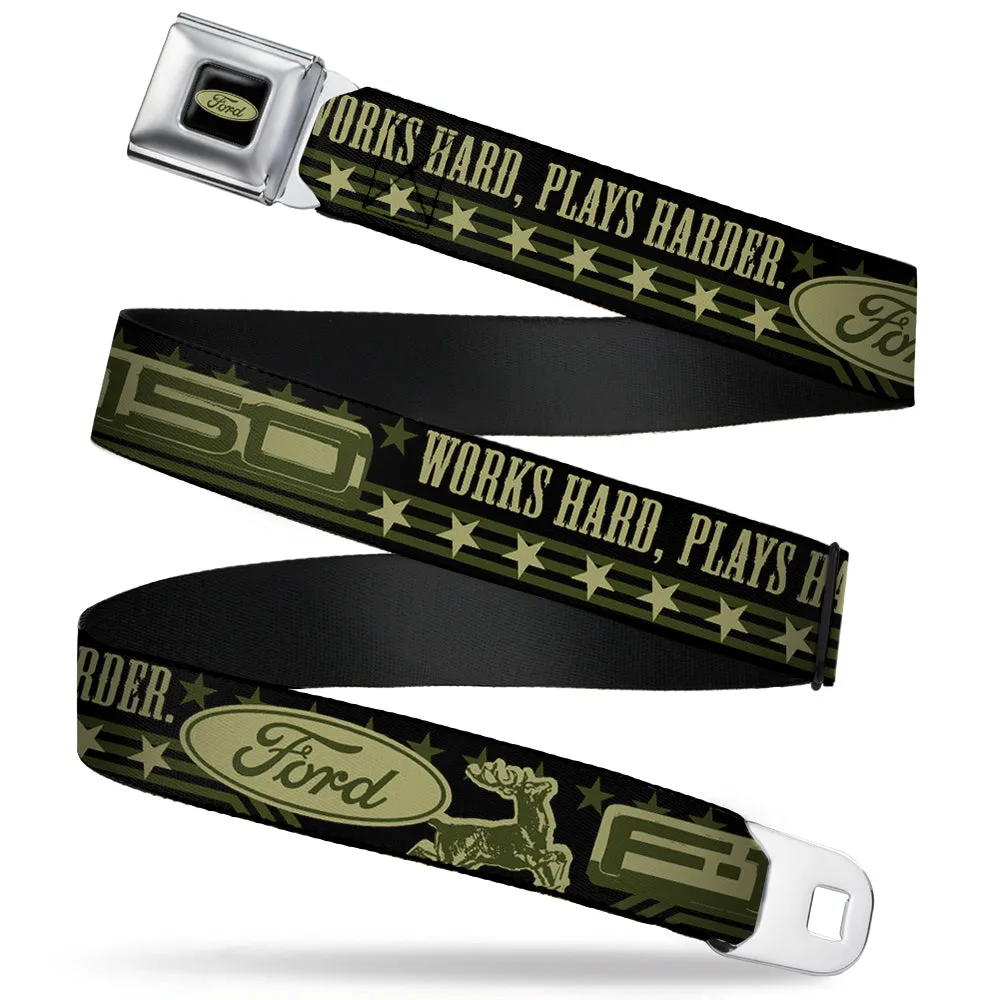 FORD Oval Full Color Black Tan Olive Seatbelt Belt - FORD F-150 WORKS HARD, PLAYS HARDER./Stars Black/Tan/Olive Webbing