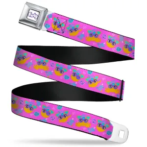FURBY Title Logo Full Color White/Purple Seatbelt Belt - Fuby Furbmojis LOL Icons Collage Pinks/Blues Webbing