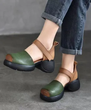Green Sandals Chunky Cowhide Leather Handmade Splicing Buckle Strap DD1062