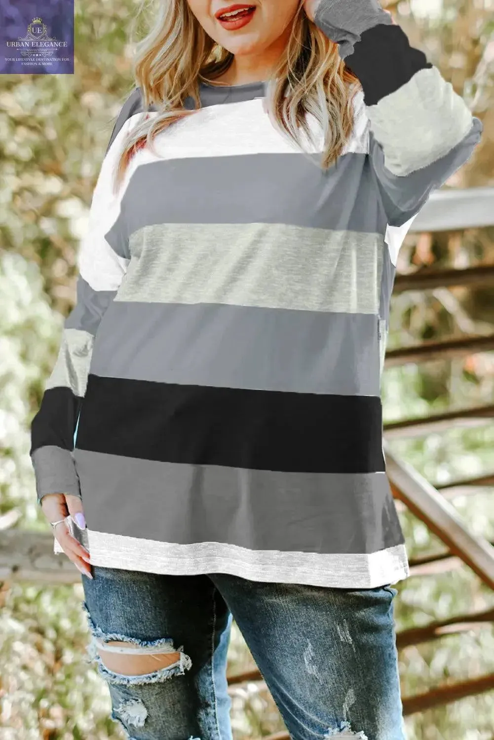 Green Stripe Plus Size Colorblock Pullover Top