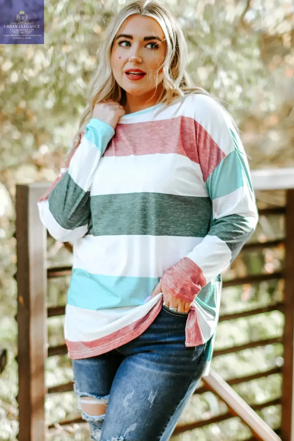 Green Stripe Plus Size Colorblock Pullover Top