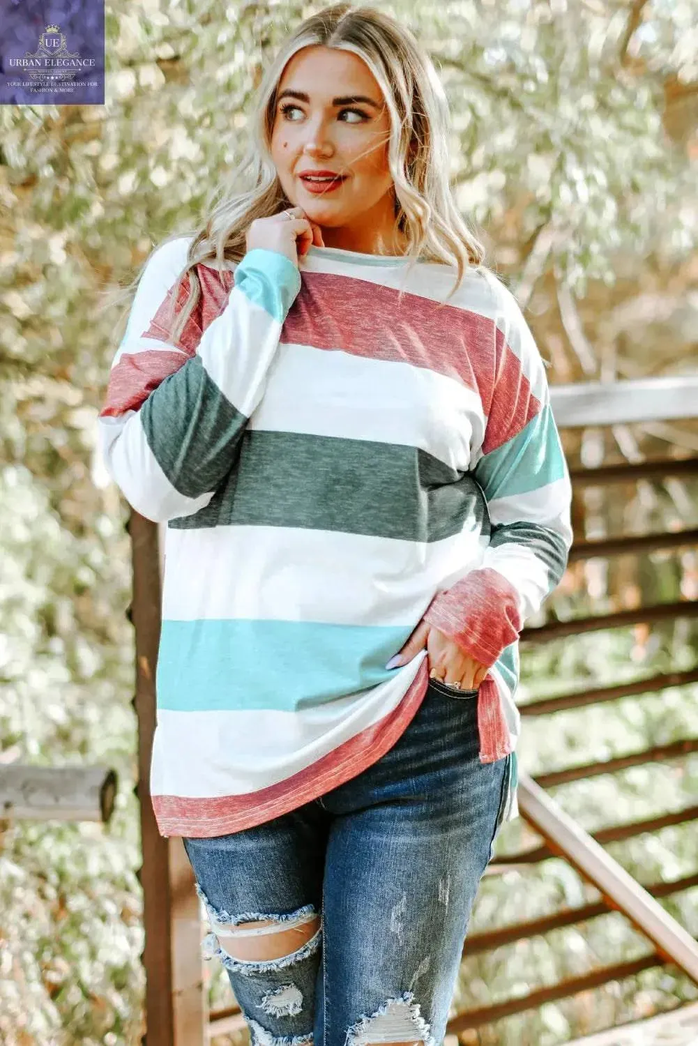Green Stripe Plus Size Colorblock Pullover Top