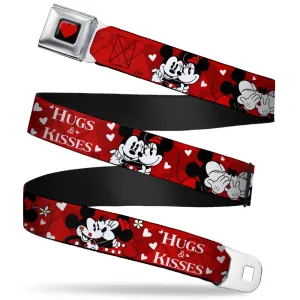 Heart Full Color Black Red Seatbelt Belt - Mickey & Minnie HUGS & KISSES Poses Reds/White Webbing