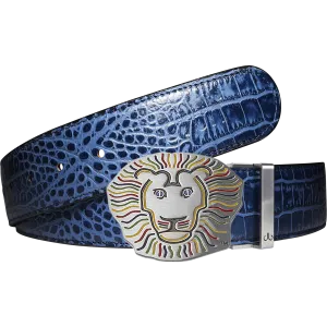 John Daly Lion Buckle and Crocodile Leather Belt in Blue
