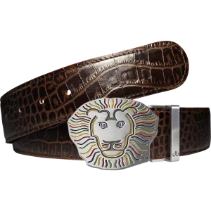 John Daly Lion Buckle and Crocodile Leather Belt in Dark Brown