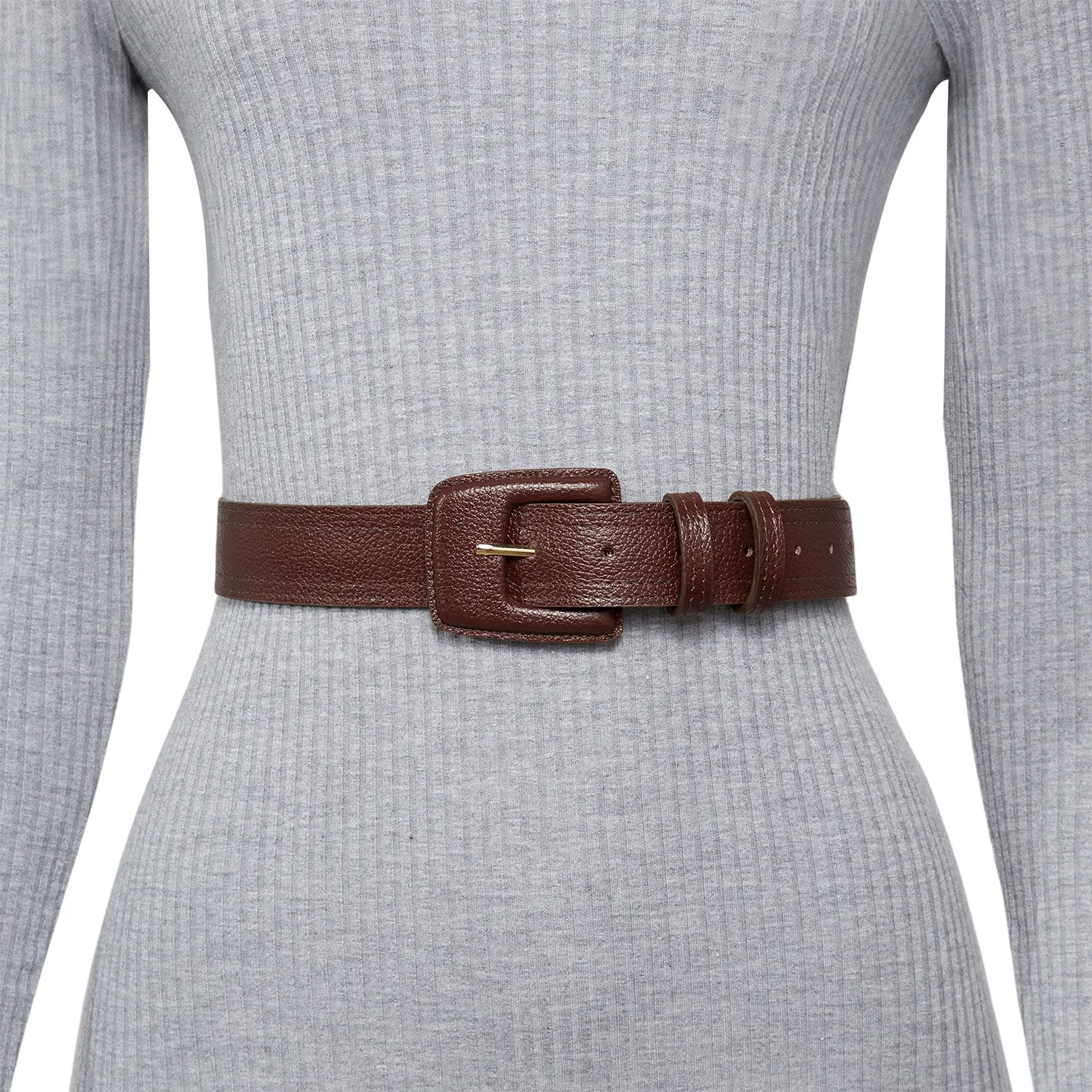 Leather Rectangle Buckle Belt - Brown