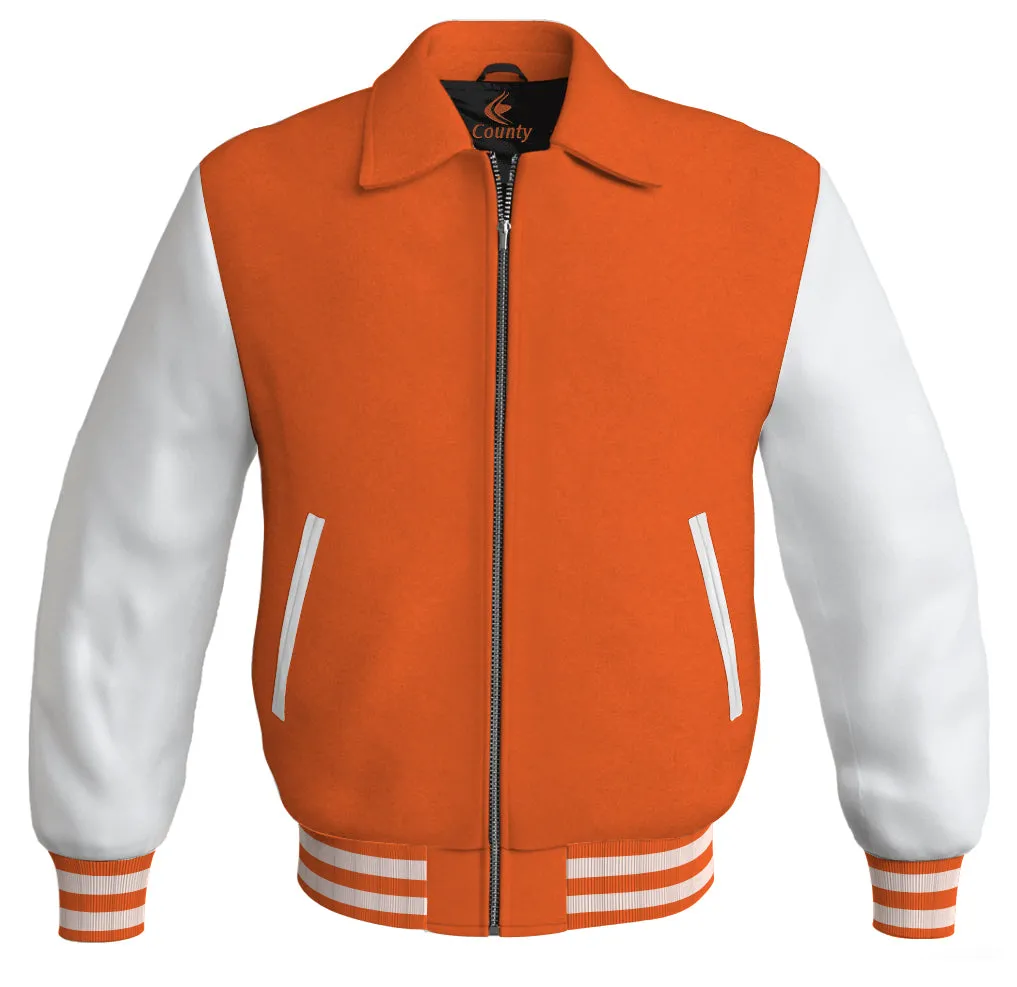 Luxury Bomber Classic Jacket Orange Body and White Leather Sleeves