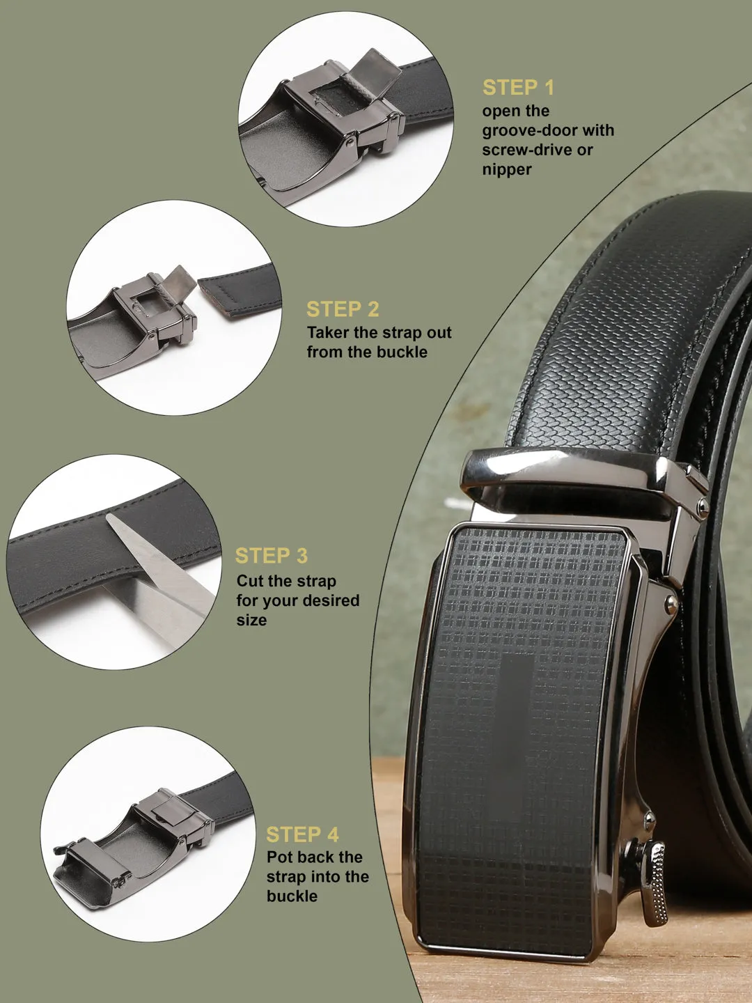 Men Texture Black Leather Auto-Lock Buckle Belt