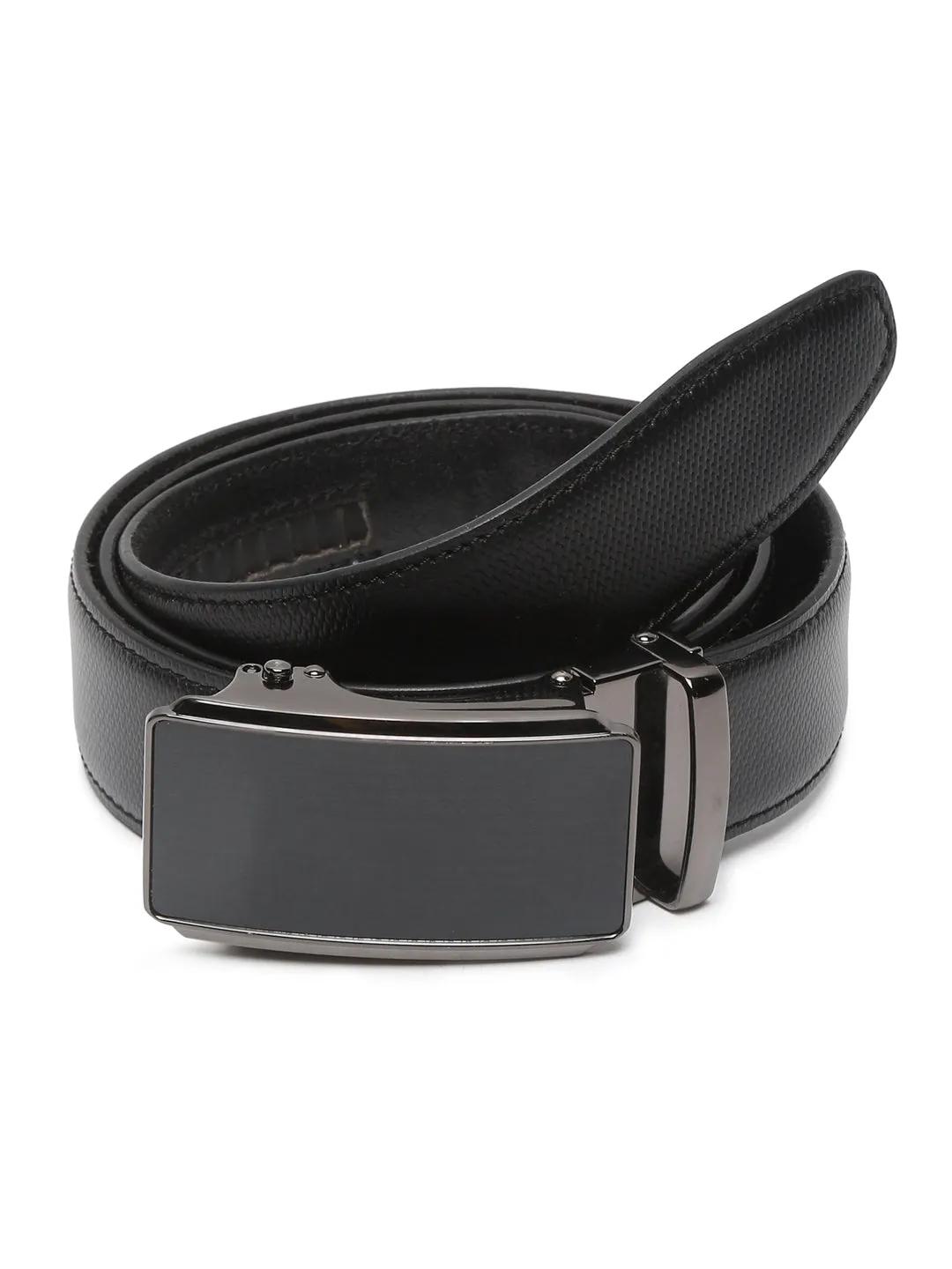 Men Texture Black Leather Auto-Lock Buckle Belt