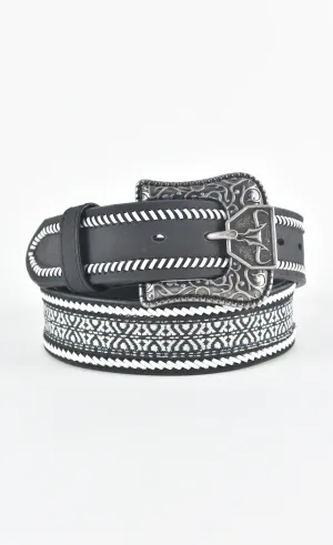 Mens Genuine Leather 3D Hand Stitched Belt - Black