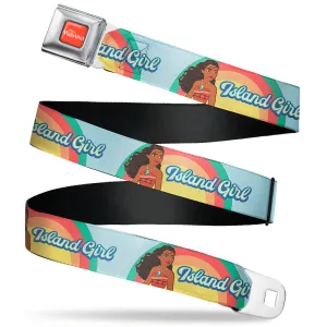 MOANA Title Logo Full Color Orange/White Seatbelt Belt - Moana ISLAND GIRL Rainbow Pose Blue/Multi Color Webbing