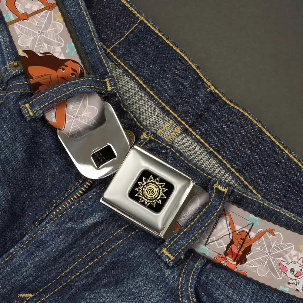 Moana Tribal Sun Full Color Black Yellows Seatbelt Belt - Moana 3-Poses/Pig & Rooster/Flowers Tribal Tans/White Webbing