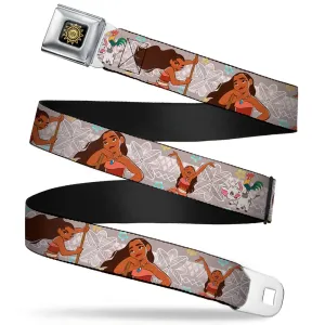 Moana Tribal Sun Full Color Black Yellows Seatbelt Belt - Moana 3-Poses/Pig & Rooster/Flowers Tribal Tans/White Webbing