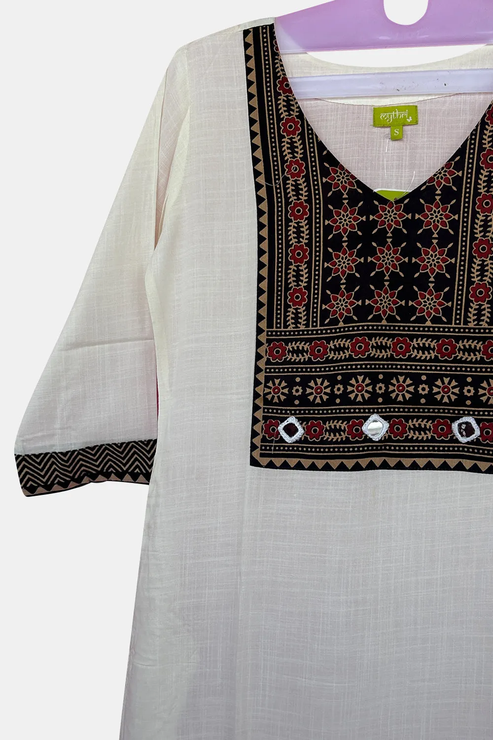 Mythri Office Wear V Neck Cotton Women's Kurthi with 3/4th Sleeves  - Off-White - KU03