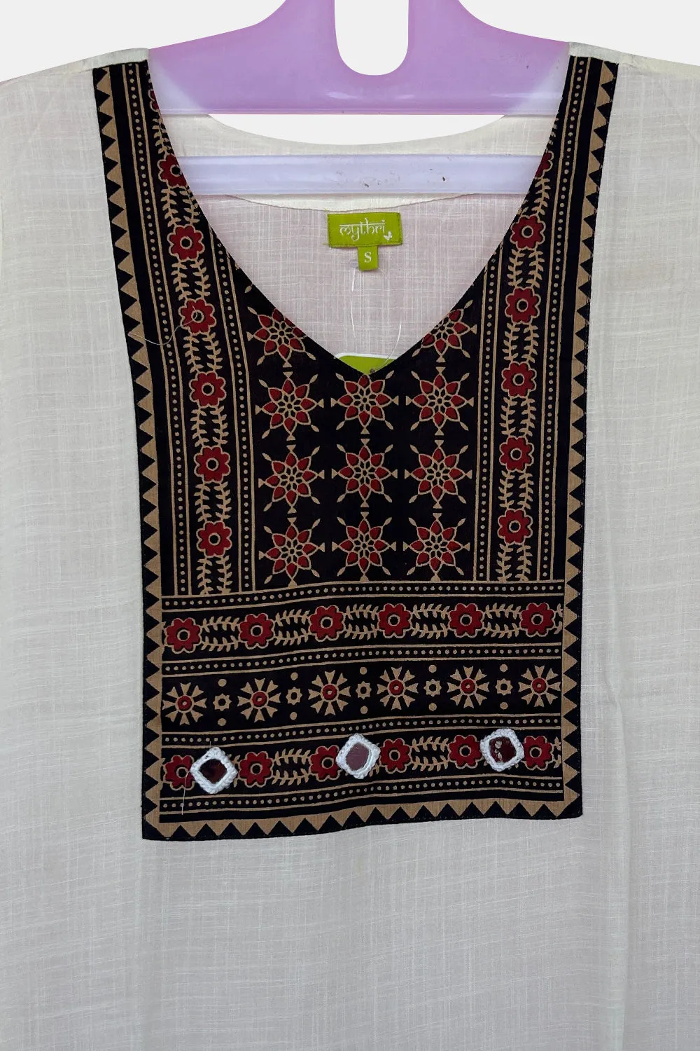 Mythri Office Wear V Neck Cotton Women's Kurthi with 3/4th Sleeves  - Off-White - KU03