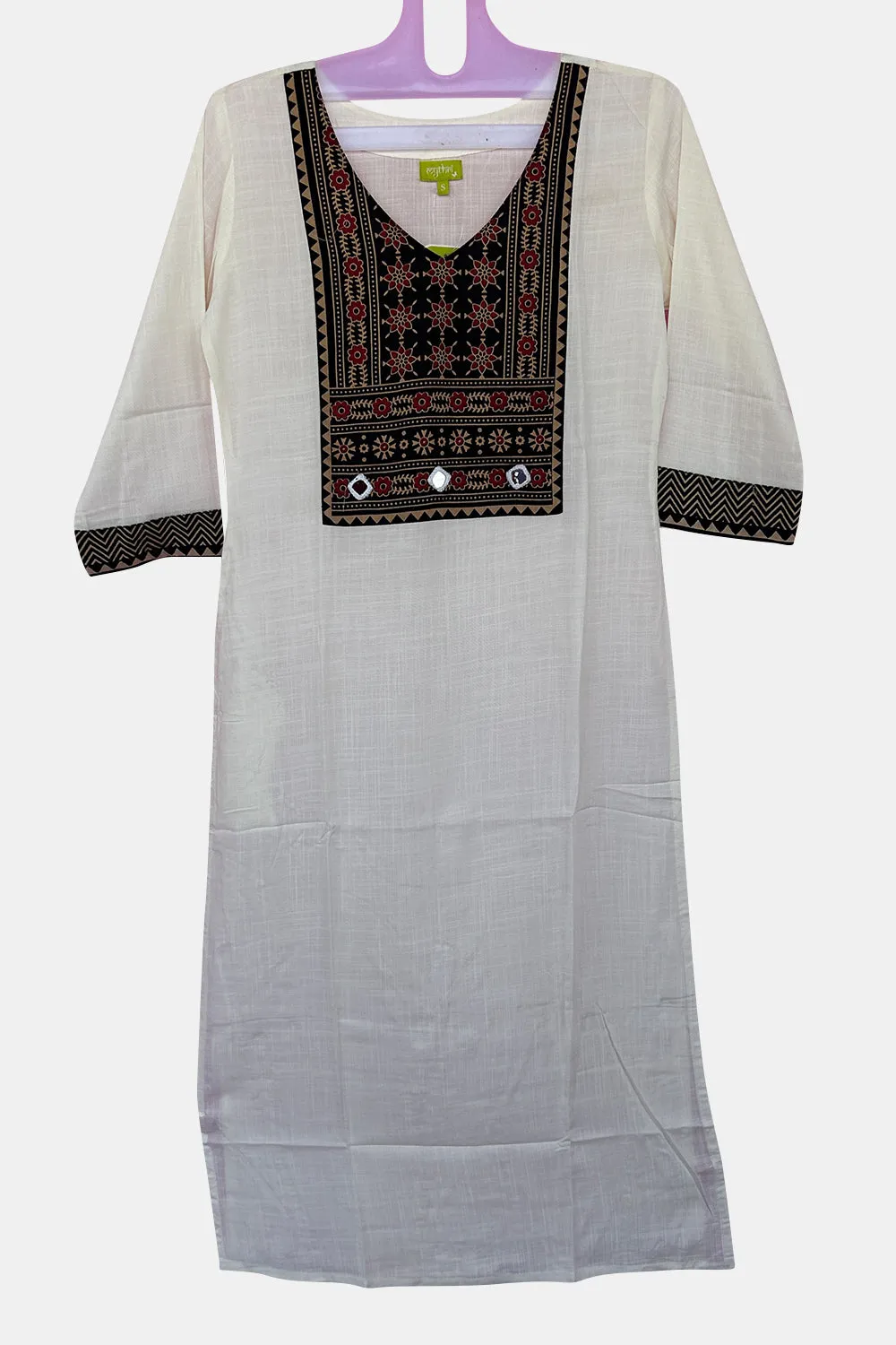 Mythri Office Wear V Neck Cotton Women's Kurthi with 3/4th Sleeves  - Off-White - KU03
