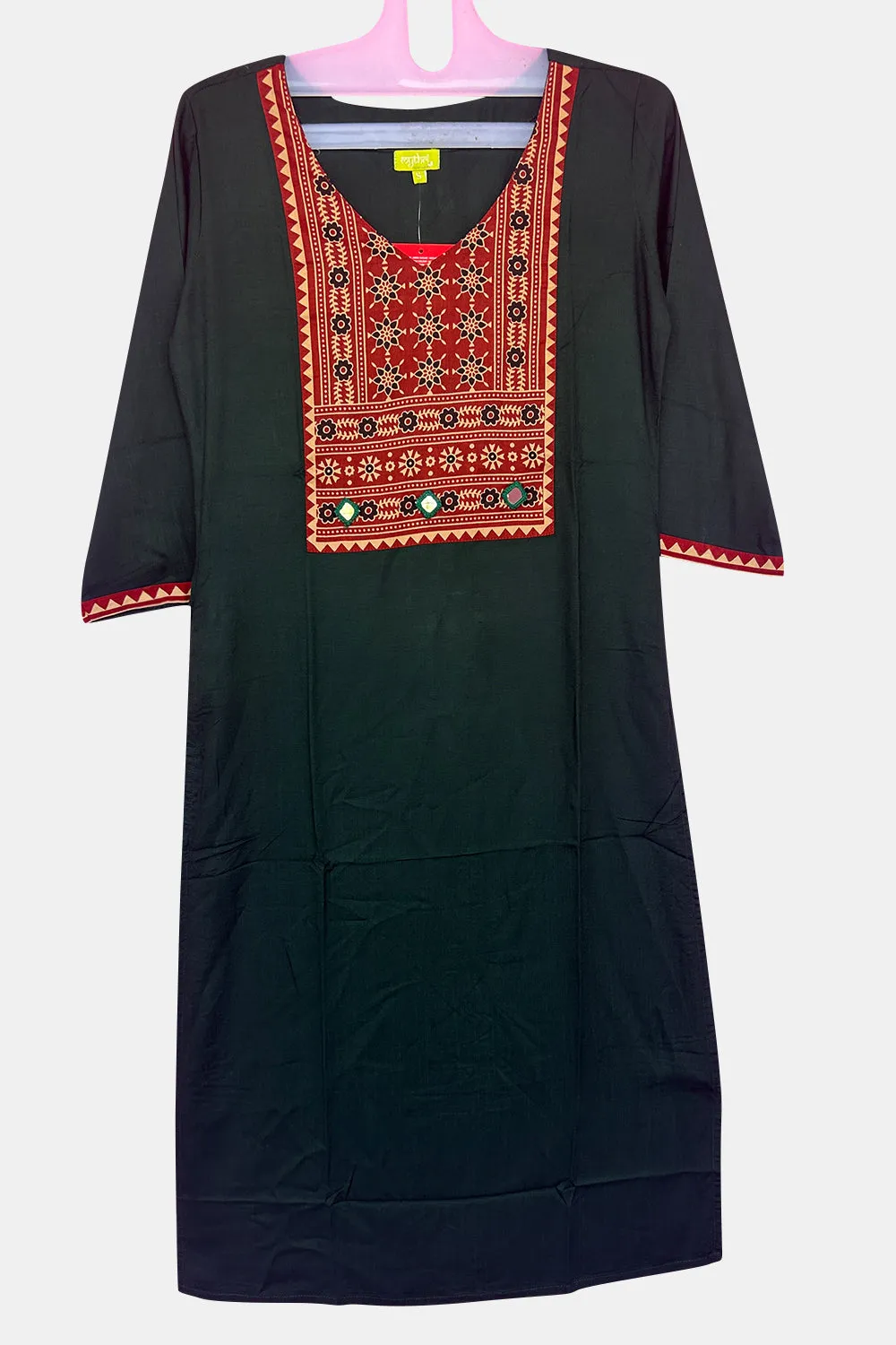 Mythri Office Wear V Neck Cotton Women's Kurthi with Short Sleeves  - Green - KU01