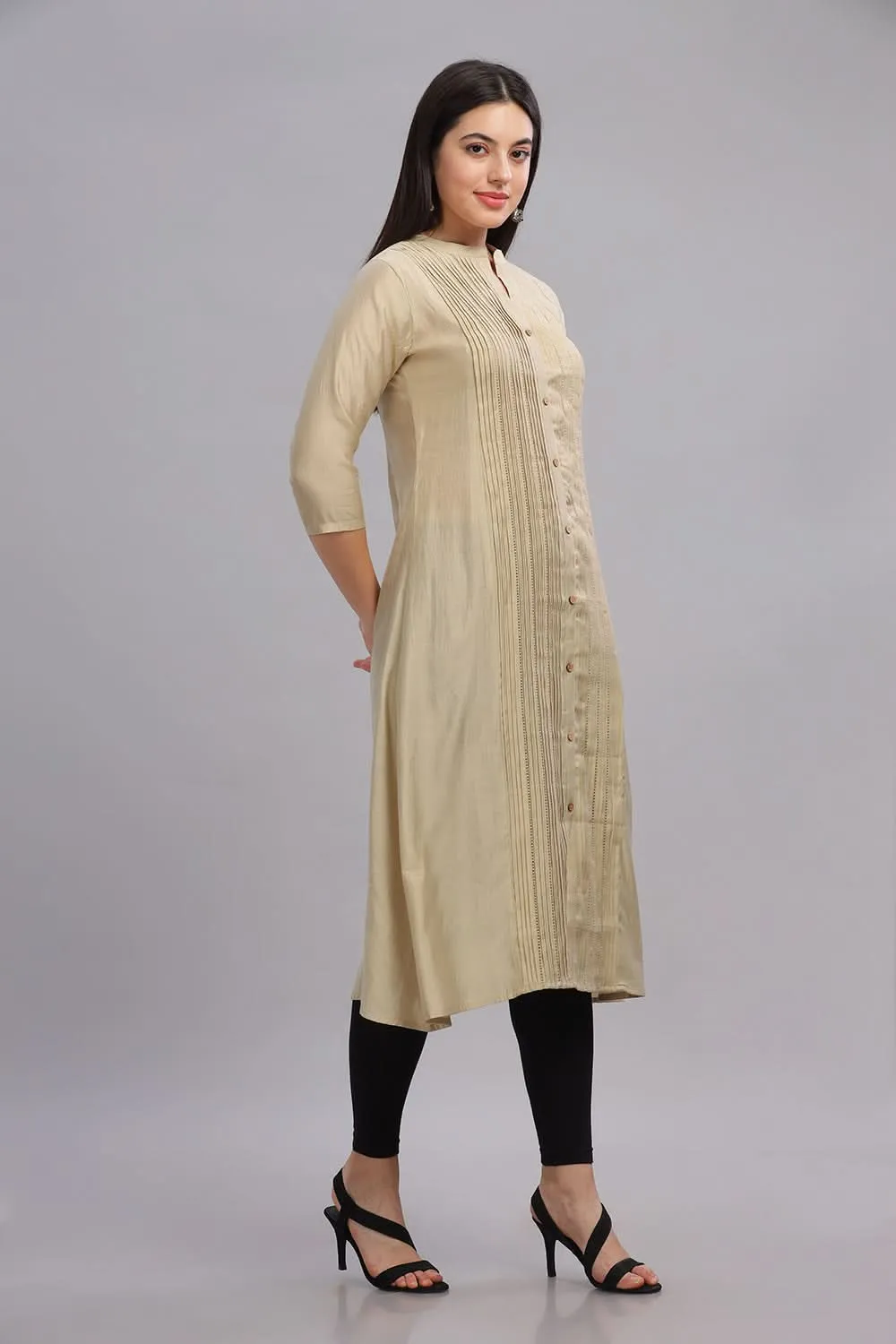 Mythri Office Wear Women's Casual Kurta Mandarian Collar with 3/4th Sleeves  - Cream - KU25
