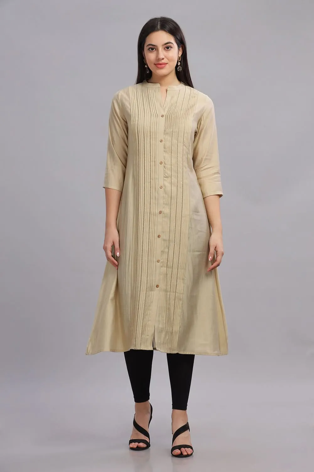 Mythri Office Wear Women's Casual Kurta Mandarian Collar with 3/4th Sleeves  - Cream - KU25
