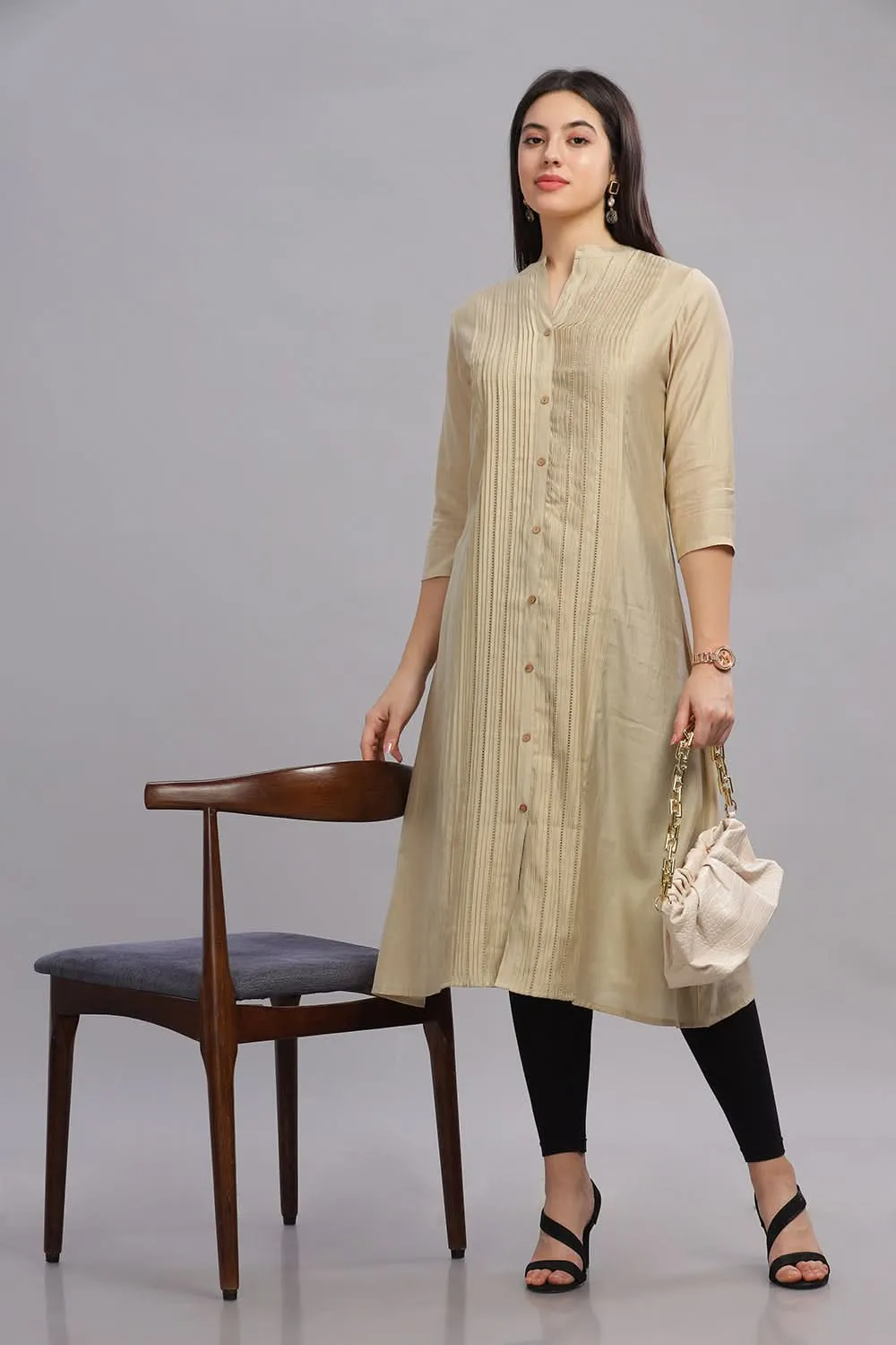 Mythri Office Wear Women's Casual Kurta Mandarian Collar with 3/4th Sleeves  - Cream - KU25