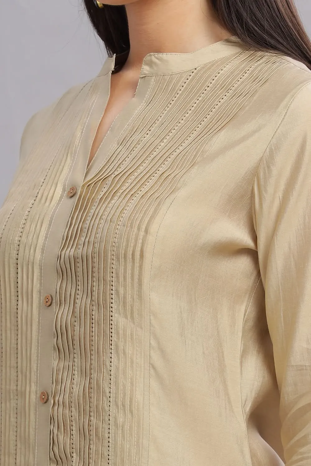 Mythri Office Wear Women's Casual Kurta Mandarian Collar with 3/4th Sleeves  - Cream - KU25