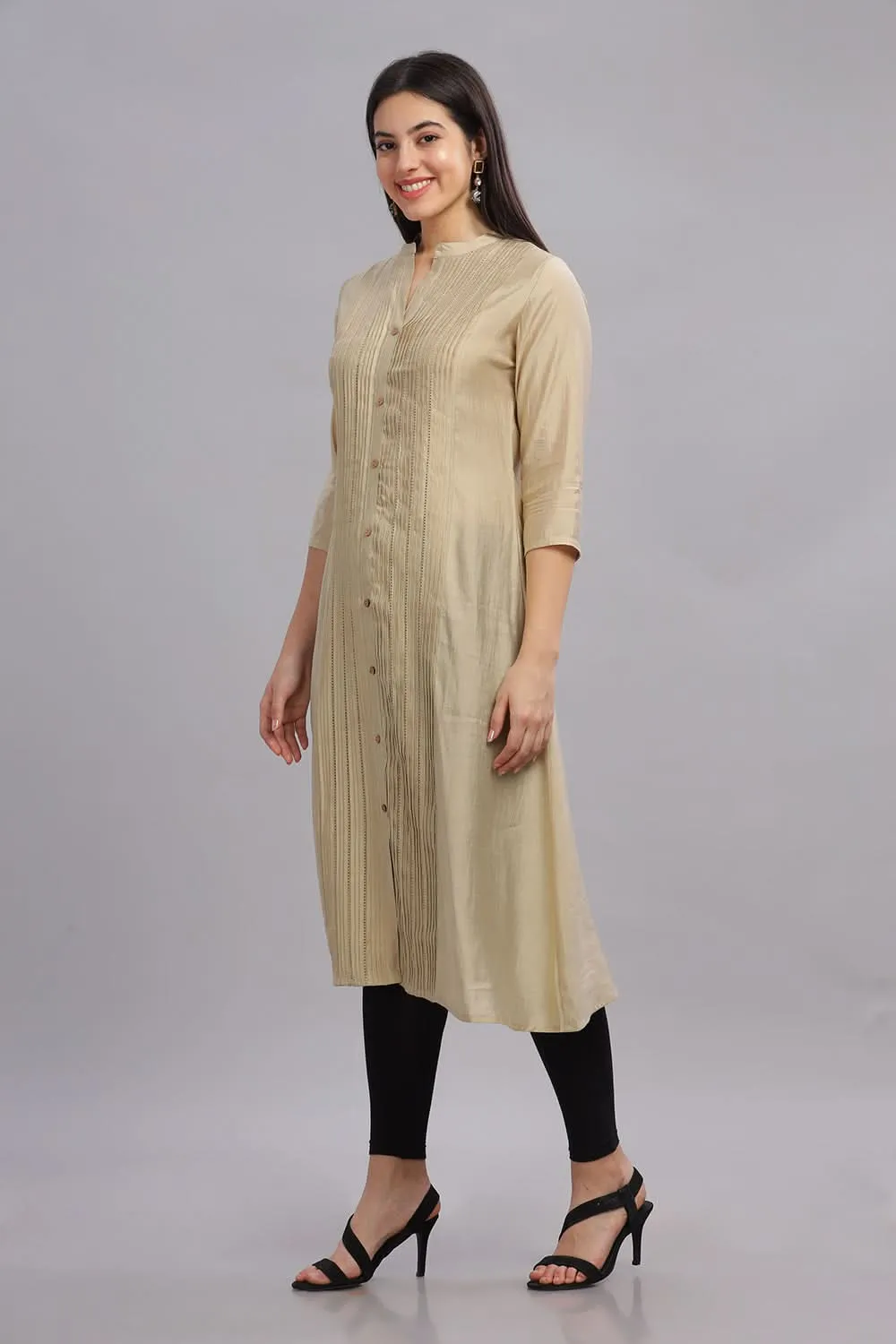 Mythri Office Wear Women's Casual Kurta Mandarian Collar with 3/4th Sleeves  - Cream - KU25